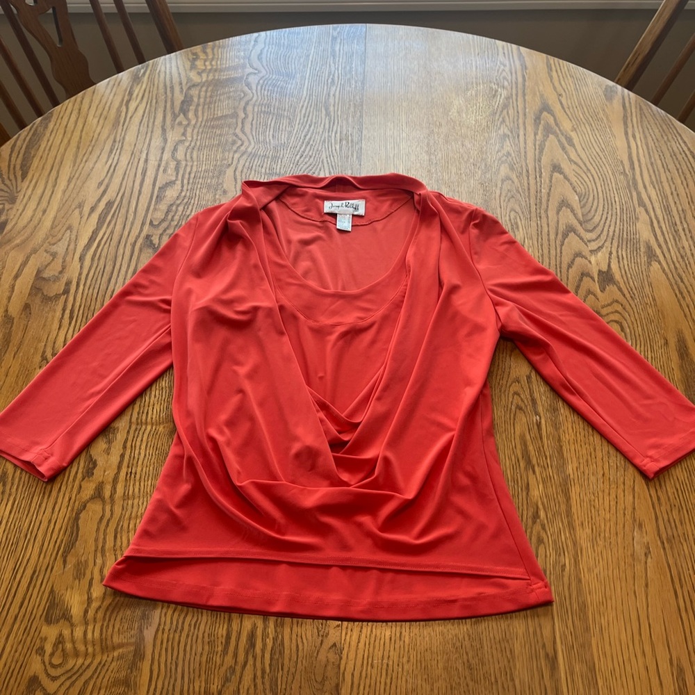 Joseph Ribkoff 3/4 Sleeve Frame Neck Drape Front Orange Blouse Top Sz 8